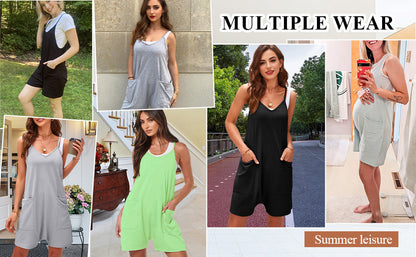 Women's Casual Sleeveless Loose Short Jumpsuit with Thin Straps